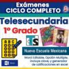 Gráfico promocional para "Exámenes 1° de Telesecundaria NEM (2025-2026) Ciclo Completo" con íconos de pruebas, libros de texto y logotipo de Word, mostrando exámenes editables, clave de respuestas y generador de calificaciones NEM de Excel.