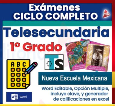Gráfico promocional para "Exámenes 1° de Telesecundaria NEM (2025-2026) Ciclo Completo" con íconos de pruebas, libros de texto y logotipo de Word, mostrando exámenes editables, clave de respuestas y generador de calificaciones NEM de Excel.