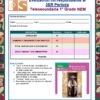 Boleta de calificaciones de Telesecundaria 1er Grado NEM mostrando materias, puntajes de “Lenguajes”, “Matemático”, “Ética” y “Humano y Comunitario”, con instrucciones y una pancarta rosa de “Nuestro libro de proyectos”.