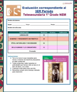 Boleta de calificaciones de Telesecundaria 1er Grado NEM mostrando materias, puntajes de “Lenguajes”, “Matemático”, “Ética” y “Humano y Comunitario”, con instrucciones y una pancarta rosa de “Nuestro libro de proyectos”.