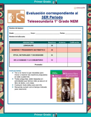 Boleta de calificaciones de Telesecundaria 1er Grado NEM mostrando materias, puntajes de “Lenguajes”, “Matemático”, “Ética” y “Humano y Comunitario”, con instrucciones y una pancarta rosa de “Nuestro libro de proyectos”.