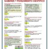 Una colorida hoja de trabajo educativa titulada “Saberes y Pensamiento Científico” con problemas de matemáticas y respuestas de opción múltiple para primer grado, con ilustraciones con temas escolares y cuadros de respuestas resaltados en amarillo y verde.
