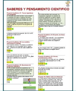 Una colorida hoja de trabajo educativa titulada “Saberes y Pensamiento Científico” con problemas de matemáticas y respuestas de opción múltiple para primer grado, con ilustraciones con temas escolares y cuadros de respuestas resaltados en amarillo y verde.