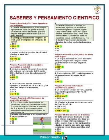 Una colorida hoja de trabajo educativa titulada “Saberes y Pensamiento Científico” con problemas de matemáticas y respuestas de opción múltiple para primer grado, con ilustraciones con temas escolares y cuadros de respuestas resaltados en amarillo y verde.