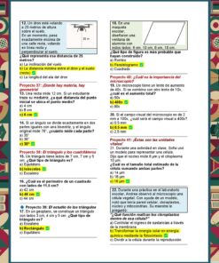 Una colorida hoja de ejercicios educativa en español con preguntas de opción múltiple de matemáticas y geometría, diagramas y globos de respuestas. La página tiene la etiqueta 