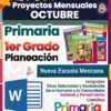 La imagen promocional de los proyectos mensuales de octubre presenta materiales educativos del sistema "Nueva Escuela Mexicana", específicamente para promover el Programa Analítico 1° Primaria (Planeación Mensual por Proyectos Octubre 2024 - 2025). El texto enfatiza temas como la ética, la sociedad y la ciencia, realzados por un ícono de Microsoft Word y gráficos vibrantes, ideales para los requisitos de Planeación Mensual.