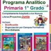 Un cartel promocional de un "Programa Analítico" para 1er grado de primaria. Incluye dosificación, organización por campos de aprendizaje y un documento de Word editable. La parte inferior presenta portadas de libros educativos sobre conocimientos, idiomas y recetas.