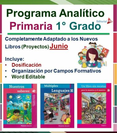 Un cartel promocional de un "Programa Analítico" para 1er grado de primaria. Incluye dosificación, organización por campos de aprendizaje y un documento de Word editable. La parte inferior presenta portadas de libros educativos sobre conocimientos, idiomas y recetas.