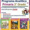 Un folleto promocional para un programa de escuela primaria de 3er grado. El folleto anuncia un plan de estudios totalmente adaptado para nuevos libros de texto, incluida la planificación de lecciones, la organización de campo y documentos de Word editables. Presenta imágenes de tres portadas de libros de texto y gráficos coloridos.