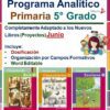 La imagen es un anuncio de un Programa Analítico de 5º de Primaria. Incluye varias portadas de libros ilustrados para proyectos de aula, comunidad y escuela. Características: dosificación, organización por campos formativos y formato Word editable.