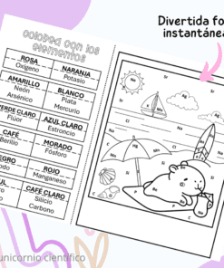 Hoja de trabajo con una lista de elementos químicos y sus símbolos a la izquierda, y una actividad para colorear a la derecha con una escena de playa. El dibujo contiene símbolos de elementos para que los alumnos los emparejen y coloreen. Texto en español.