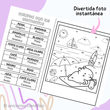Hoja de trabajo con una lista de elementos químicos y sus símbolos a la izquierda, y una actividad para colorear a la derecha con una escena de playa. El dibujo contiene símbolos de elementos para que los alumnos los emparejen y coloreen. Texto en español.