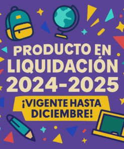 Gráfico colorido con ilustraciones de temática escolar (mochila, globo terráqueo, bolígrafo, ordenador portátil) y confeti. El texto dice: "Producto en liquidación 2024-2025 ¡Vigente hasta diciembre!" sobre fondo morado.