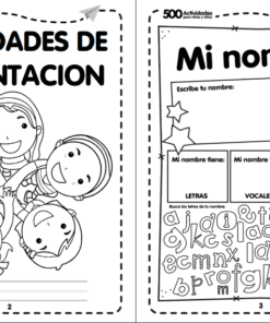 Dos páginas de actividades en blanco y negro para niños en español. La primera muestra a niños sonrientes alrededor de una mujer, titulada 