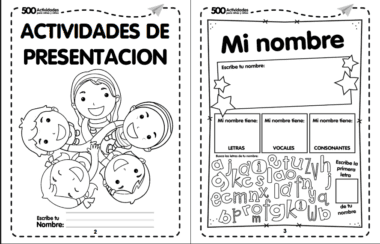 Dos páginas de actividades en blanco y negro para niños en español. La primera muestra a niños sonrientes alrededor de una mujer, titulada "Actividades de Presentación". La segunda lleva por título "Mi nombre", con espacios para escribir y una lúdica ilustración del abecedario.