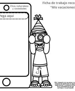 Ficha de trabajo en blanco y negro con el contorno de un gran smartphone a la izquierda y un niño con sombrero de fiesta y cámara en la mano a la derecha. El texto dice 