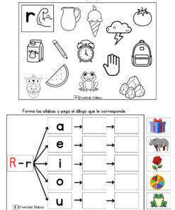 Una hoja de ejercicios en español con dos actividades: la de arriba pide rodear y colorear imágenes con el sonido 