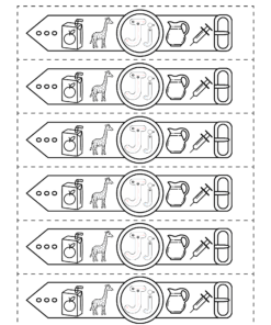 Muñequeras imprimibles en blanco y negro con ilustraciones de animales y objetos, como una jirafa, un estetoscopio, una jeringuilla, medicamentos y pastillas. El texto de la parte superior está en español y las instrucciones son para colorear y recortar.