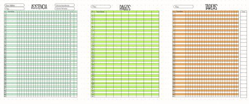 Una imagen digital que muestra tres tablas de Colores de la Agenda Escolar 2020-2021 codificadas por colores tituladas 'asientos', 'pagos' y 'tareas', cada una con filas etiquetadas del n1 al n31 y columnas para detalles específicos, en colores verde, azul y naranja respectivamente. .