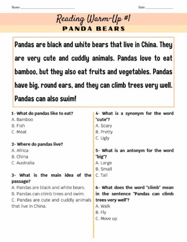 Una hoja de trabajo educativa titulada "Precalentamiento de lectura n.º 1: osos panda". Incluye un breve pasaje sobre los pandas y cuatro preguntas de opción múltiple relacionadas con el pasaje, centrándose en la comprensión y las habilidades de vocabulario. Inspirado en 100 Lecturas de Comprensión Lectora en Inglés, es perfecto para estudiantes que buscan mejorar sus habilidades de lectura.