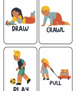 Las tarjetas ilustradas muestran cuatro acciones diferentes: un niño dibujando mientras está acostado boca abajo, un niño gateando, un niño jugando al fútbol y un niño tirando de un carrito de juguete cargado de cajas. Cada carta está etiquetada con la acción respectiva: ROTAR, ARRASTRAR, JUGAR y TIRAR.