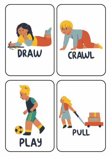 Las tarjetas ilustradas muestran cuatro acciones diferentes: un niño dibujando mientras está acostado boca abajo, un niño gateando, un niño jugando al fútbol y un niño tirando de un carrito de juguete cargado de cajas. Cada carta está etiquetada con la acción respectiva: ROTAR, ARRASTRAR, JUGAR y TIRAR.