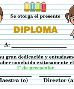 Colorido certificado de diploma preescolar con niño y niña de dibujos animados, libros y fondo de papel rayado. Texto en blanco para el nombre y la firma del destinatario. En el encabezamiento se lee 