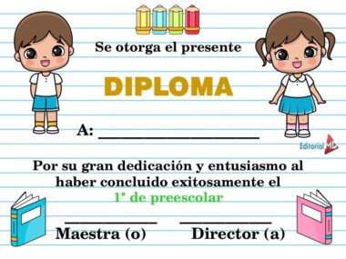 Colorido certificado de diploma preescolar con niño y niña de dibujos animados, libros y fondo de papel rayado. Texto en blanco para el nombre y la firma del destinatario. En el encabezamiento se lee "DIPLOMA" en español.