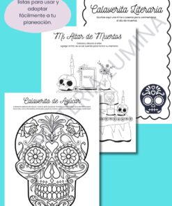 Tres hojas ilustradas de actividades del Día de los Muertos en español, con una calavera de azúcar para colorear, una plantilla de altar de los muertos y una actividad poética. Un globo de diálogo dice: 