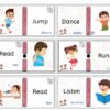 Seis tarjetas ilustradas muestran a niños realizando acciones: saltar, bailar, leer, correr, dormir y escuchar. Cada tarjeta incluye la palabra en inglés, su traducción al español y un divertido dibujo de un niño realizando la acción.