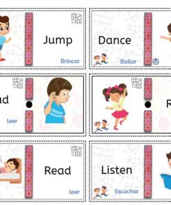 Seis tarjetas ilustradas muestran a niños realizando acciones: saltar, bailar, leer, correr, dormir y escuchar. Cada tarjeta incluye la palabra en inglés, su traducción al español y un divertido dibujo de un niño realizando la acción.