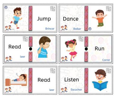 Seis tarjetas ilustradas muestran a niños realizando acciones: saltar, bailar, leer, correr, dormir y escuchar. Cada tarjeta incluye la palabra en inglés, su traducción al español y un divertido dibujo de un niño realizando la acción.