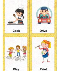 Cuatro tarjetas ilustradas: una niña cocinando, un niño conduciendo un coche rojo, tres niños jugando a la rayuela y una niña pintando con una paleta. Cada tarjeta tiene una etiqueta: Cocinar, Conducir, Jugar y Pintar.