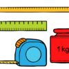 UNIDAD DIDACTICA ¡JUGUEMOS A MEDIR! 12 Ilustración de tres herramientas de medición: una regla amarilla, una regla verde, una cinta métrica azul y amarilla y una pesa roja de 1 kg.