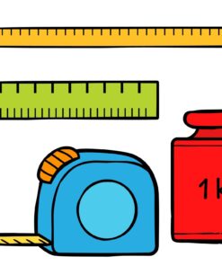 Ilustración de tres herramientas de medición: una regla amarilla, una regla verde, una cinta métrica azul y amarilla y una pesa roja de 1 kg.