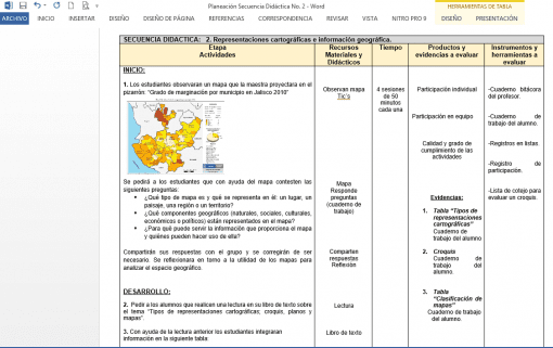 Una captura de pantalla del documento "Paquete Planeaciones de Geografía Secundaria (1er Trimestre)" que muestra "Planeaciones de Geografía" para la educación secundaria en mapas, con un mapa de Europa destacando la distribución de regiones multilingües y una barra lateral que contiene herramientas de edición de documentos.