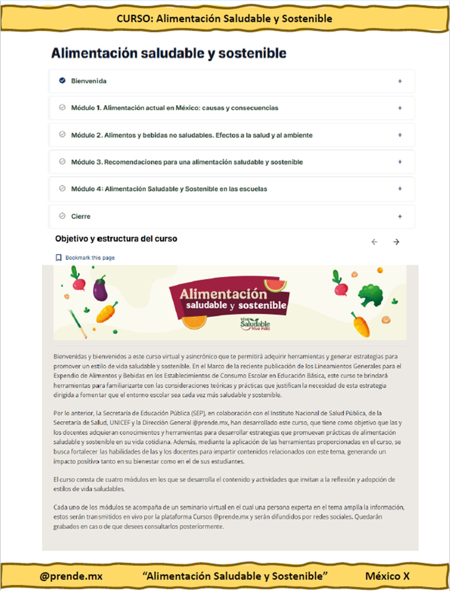 Curso Contestado Alimentación Saludable y Sostenible 3 Captura de pantalla de la página de un curso en línea titulado "Alimentación saludable y sostenible". La página enumera cinco módulos, un objetivo del curso y presenta un colorido banner con ilustraciones de alimentos y el nombre del curso.