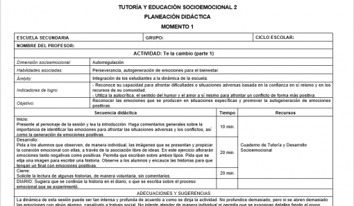Documento titulado "planificación didáctica" para una actividad de secundaria sobre inteligencia emocional, detallando el propósito de la actividad, las habilidades necesarias, los objetivos, la importancia y la metodología de enseñanza con un cronograma.