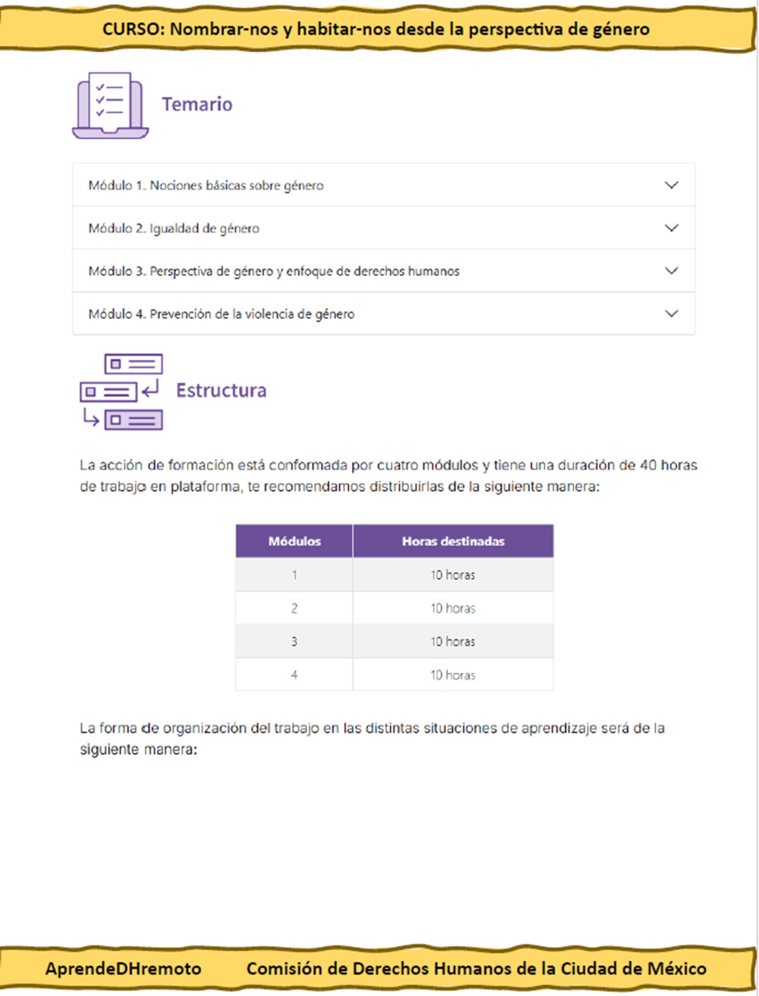 Curso Contestado Nombrar-nos y habitar-nos desde la perspectiva de género 3 Captura de pantalla de la página de un curso en línea titulado "Nombrar-nos y habitar-nos desde la perspectiva de género". Muestra un temario con cuatro módulos y una tabla con las horas distribuidas en los módulos.