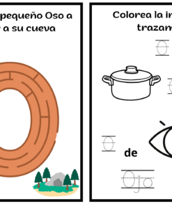 El panel izquierdo muestra un laberinto con un oso de dibujos animados en la parte superior izquierda y árboles en la parte inferior derecha. El texto dice 