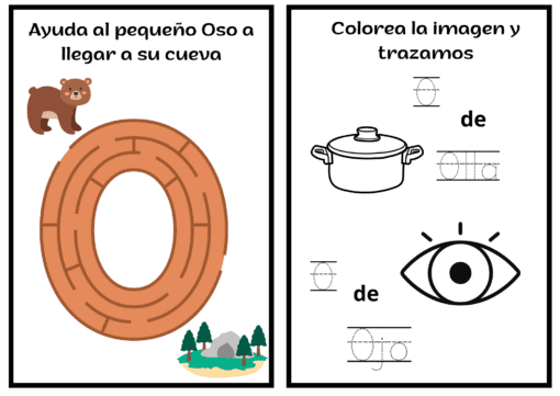 El panel izquierdo muestra un laberinto con un oso de dibujos animados en la parte superior izquierda y árboles en la parte inferior derecha. El texto dice "Ayuda al pequeño Oso a llegar a su cueva". El panel derecho tiene imágenes de una olla y un ojo, con el texto "Color ea la imagen y trazamos de Vocales de Olla" encima de la olla y "de Ojo" encima del ojo. Esta es una actividad de Cuadernillo Letra O.