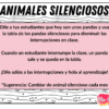 Un producto titulado LOS ANIMALES SILENCIOSOS contiene instrucciones. Sugiere decirles a los estudiantes que son pandas y usar un gráfico de pandas para reducir las interrupciones. Cuando un estudiante interrumpe, un panda pasa al gráfico. Se aconseja cambiar periódicamente al animal silencioso.