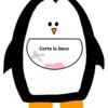 Una ilustración de pingüino presenta colores blanco y negro con un pico y patas anaranjados. El Alimenta al pingüino tiene un corazón rosa en su vientre con el texto 