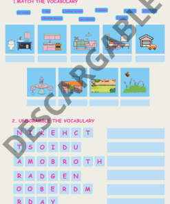La imagen muestra dos ejercicios de vocabulario en un vibrante Mini-cuadernillo de trabajo: House Vocabulary. El primero le pide que relacione palabras como 