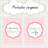 Imagen que muestra dos cubiertas de carpetas adornadas con fondos de cuadros rosados. La cubierta izquierda tiene la etiqueta 