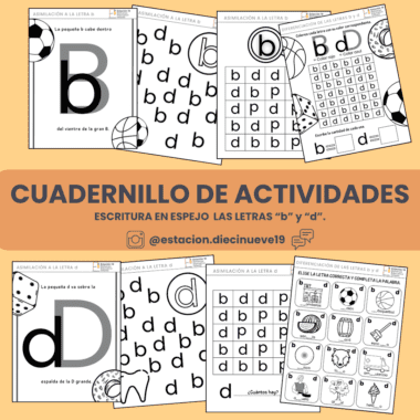 Descubre el cuaderno de actividades en español, *ESCRITURA EN ESPEJO CON LAS LETRAS "b" Y "d"*, perfecto para los más pequeños. Ofrece ejercicios entretenidos, como trazar letras y actividades de cuadrícula, enriquecidas con imágenes de pelotas y animales. Para recibir actualizaciones, síguenos en Instagram @estacion.diecinueve19.