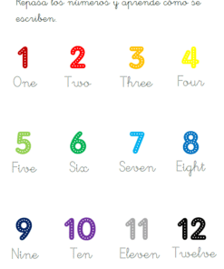 Libro de vocabulario en inglés, 5 a 7 años: divertidas hojas de trabajo con temática de animales con instrucciones en español para trazar y aprender los números del 1 al 12 en inglés, mostrados en puntos y colores; incluye nivel de dificultad en cada página.