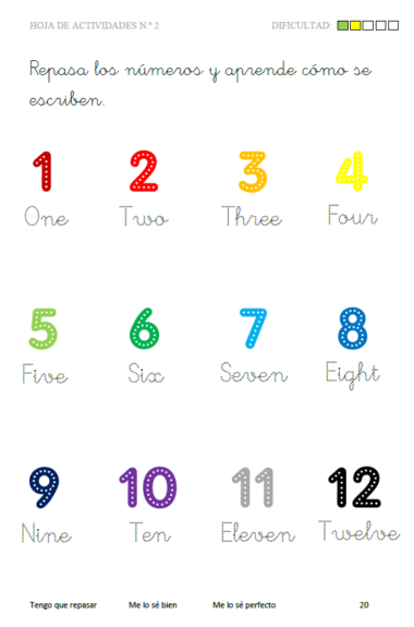 Libro de vocabulario en inglés, 5 a 7 años: divertidas hojas de trabajo con temática de animales con instrucciones en español para trazar y aprender los números del 1 al 12 en inglés, mostrados en puntos y colores; incluye nivel de dificultad en cada página.