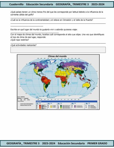 TERCER TRIMESTRE Programa Analítico GEOGRAFÍA Secundaria 1º (Ciclo Escolar 2023 – 2024), cubriendo climas fríos y la influencia de la Corriente del Golfo. Incluye preguntas sobre zonas climáticas, un mapa climático mundial y un gráfico con imágenes de diferentes influencias climáticas. El texto del encabezado está en español. Ajuste perfecto para un Programa Analítico de Secundaria.