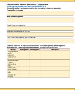 Una hoja de trabajo para TERCER TRIMESTRE Programa Analítico CIENCIAS III QUÍMICA Secundaria 3º (Ciclo Escolar 2023 – 2024) en una clase de QUÍMICA de educación secundaria, enfocada en mezclas homogéneas y heterogéneas. Contiene un enlace de YouTube, varias preguntas sobre mezclas y una tabla para clasificar y explicar varias mezclas como homogéneas o heterogéneas.